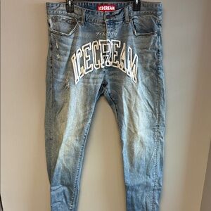 ICECREAM Icefall Logo Appliqué Distressed Jeans Sz 38